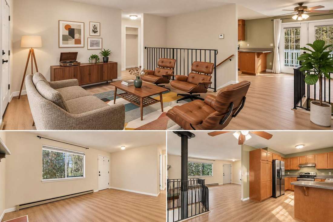 AI concept collage of a warm modern refresh of the living, kitchen and dining areas