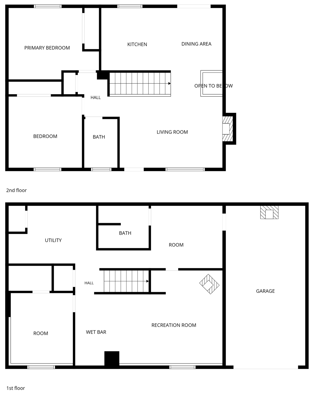 Floor plan: upper floor with kitchen, dining, living room, two bedrooms and a bath; lower floor with recreation room, wet bar, two rooms, bath, utility and garage