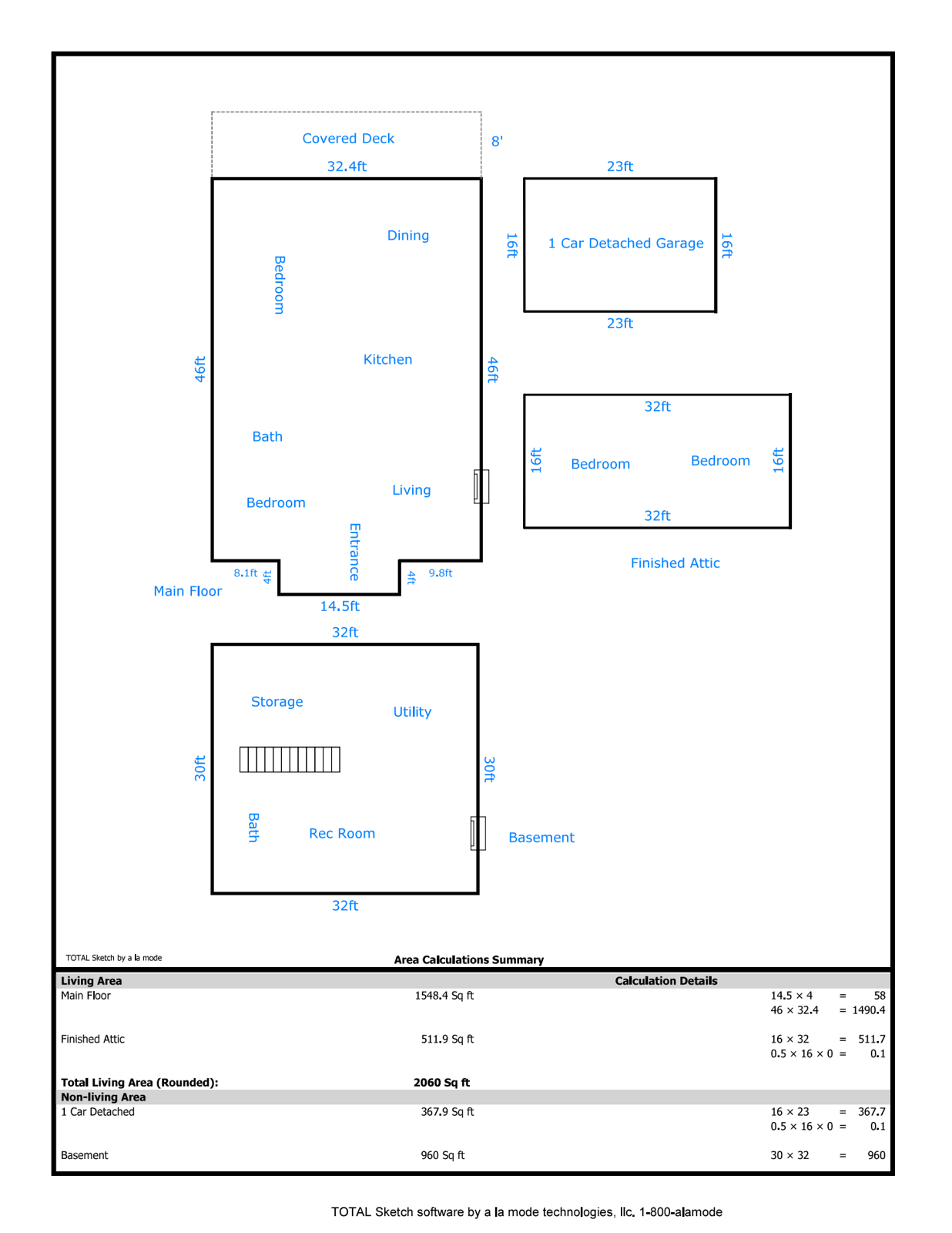Appraiser floor plan sketch showing the main floor, finished attic, basement and detached garage