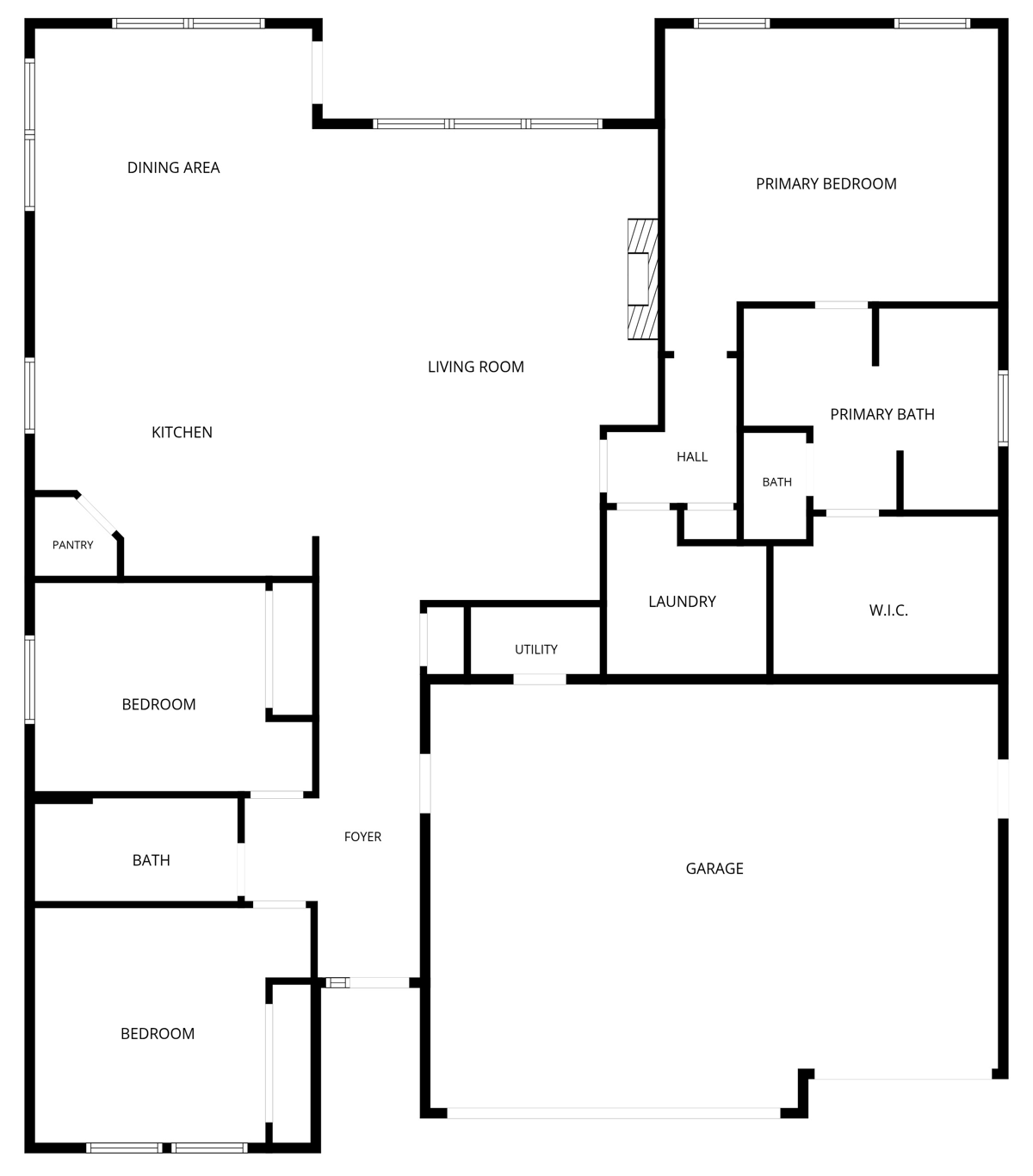 Floor plan: great room, kitchen and dining across the back; two bedrooms and a bath at the front left; primary suite, laundry and garage on the right
